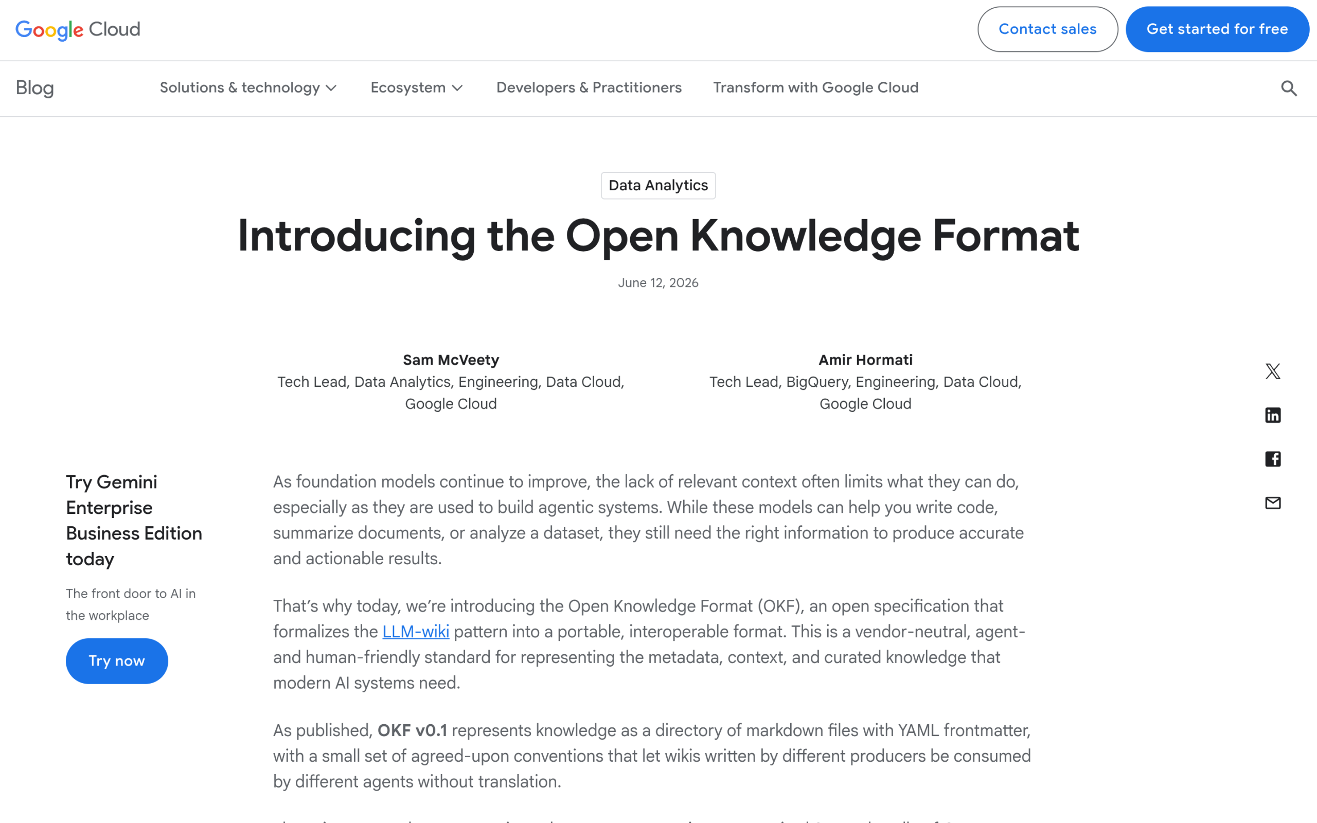 Google Cloud blog announcing the Open Knowledge Format OKF v0.1