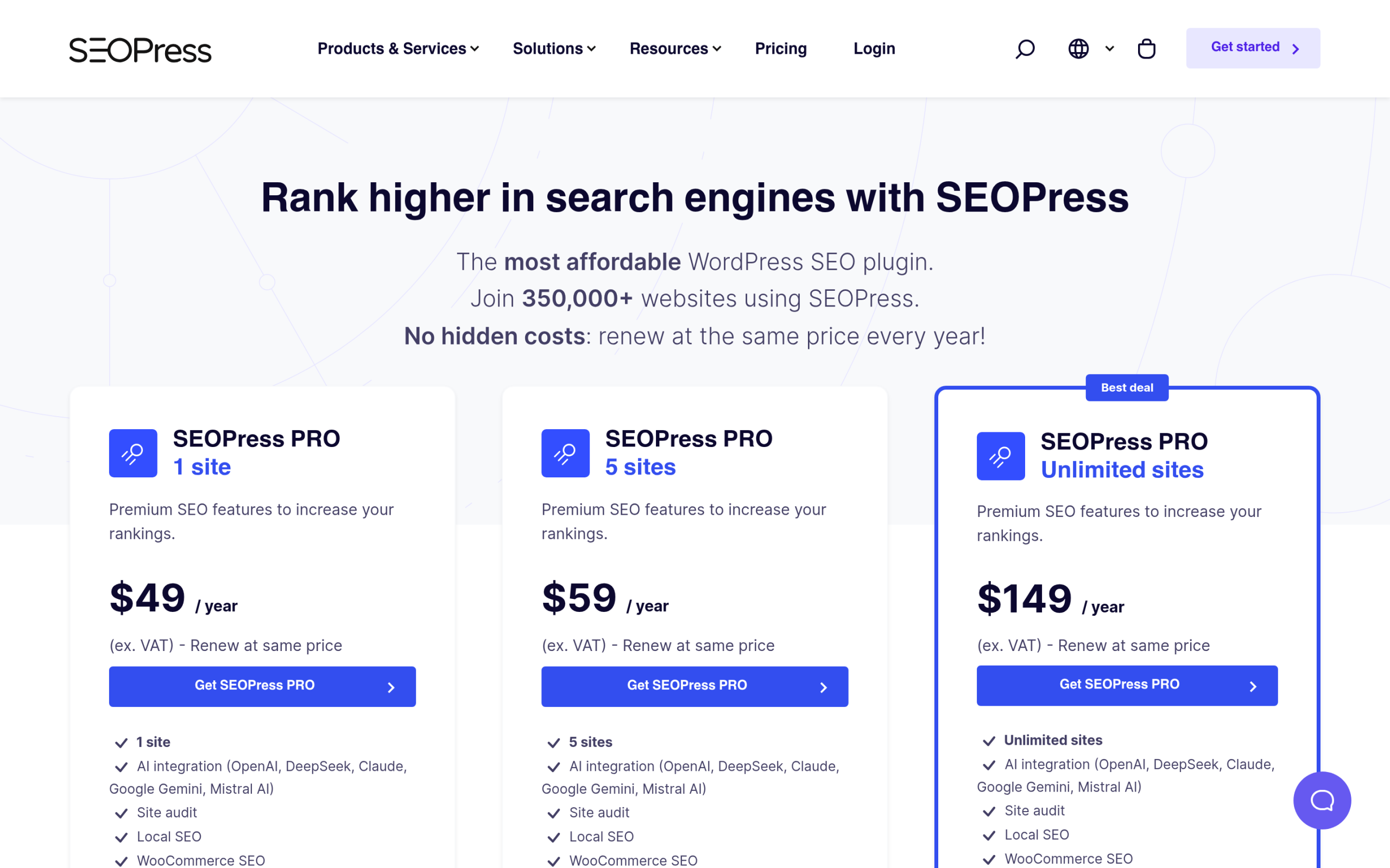 SEOPress vs RankReady: Which WordPress SEO Plugin Wins for AI Search in 2026? SEOPress pricing page showing the free plan and PRO from 49 dollars per year