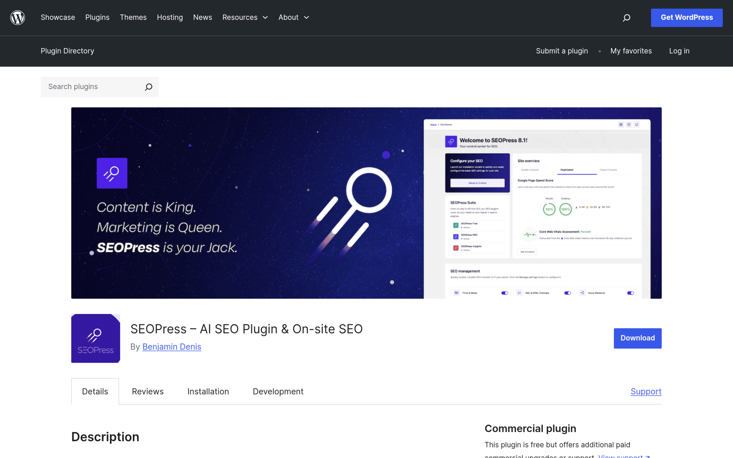 SEOPress vs RankReady: Which WordPress SEO Plugin Wins for AI Search in 2026? SEOPress plugin listing on WordPress.org showing 300,000+ active installs