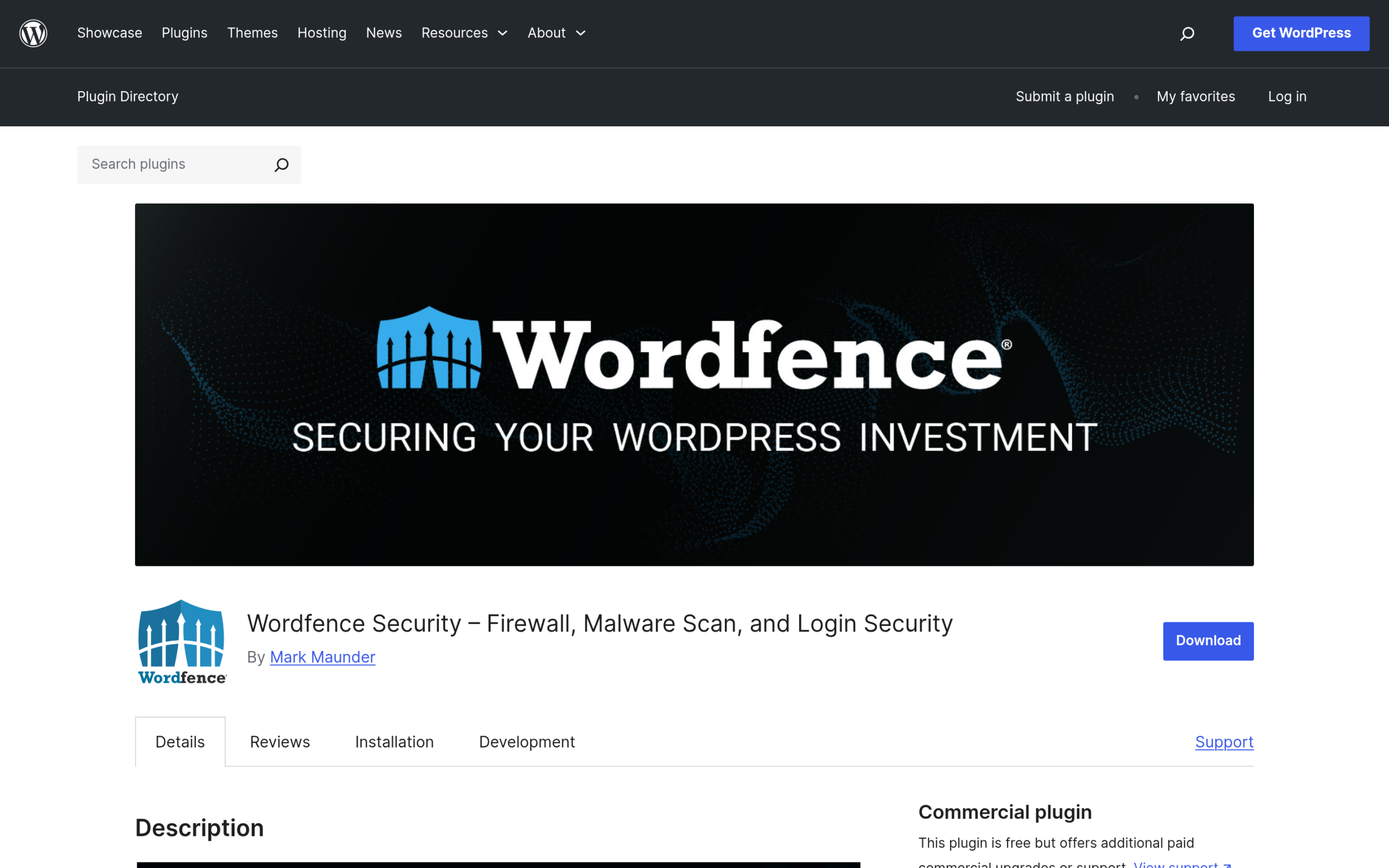 Wordfence Security plugin on the WordPress.org plugin directory