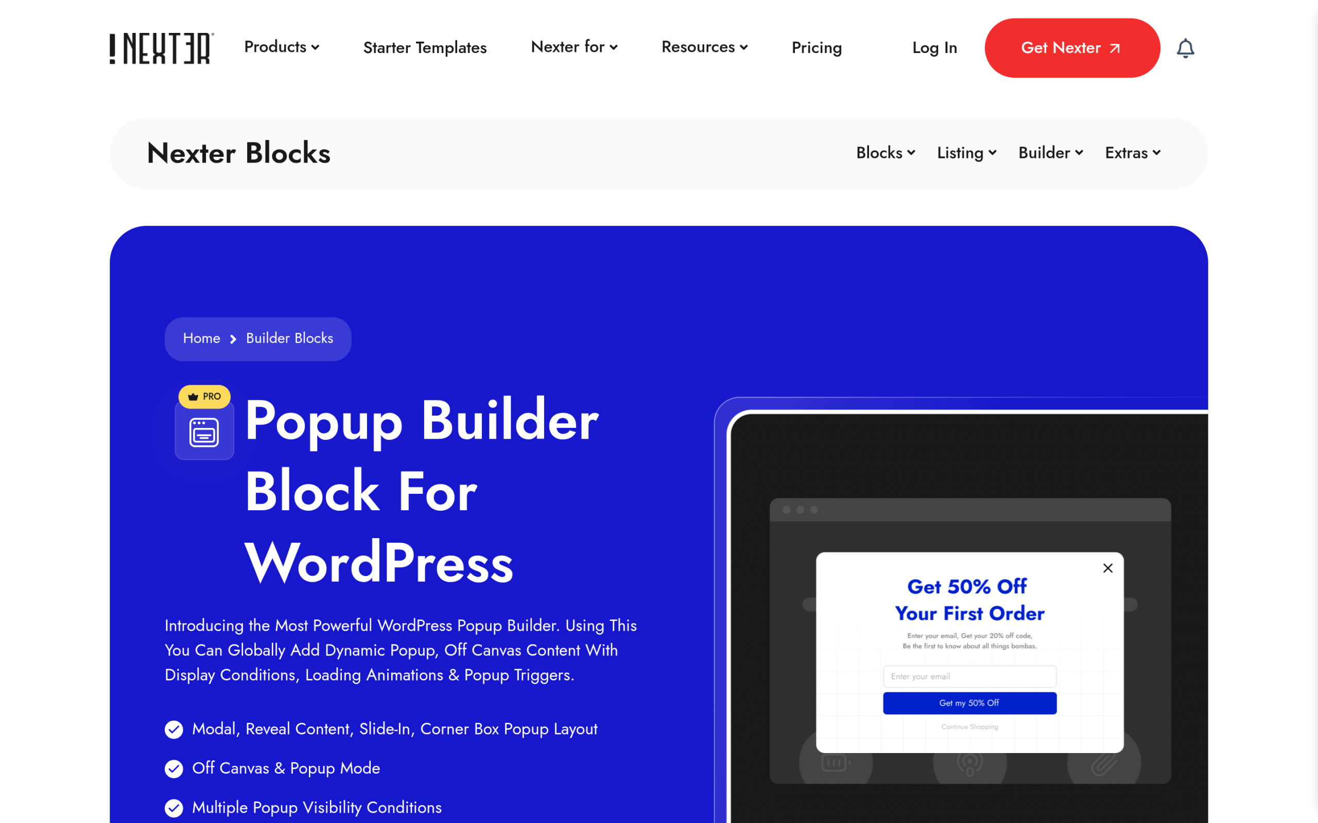 How to Create a Popup in WordPress (2 Ways, With and Without a Plugin) Nexter Blocks Popup Builder page showing popup types and 50+ templates