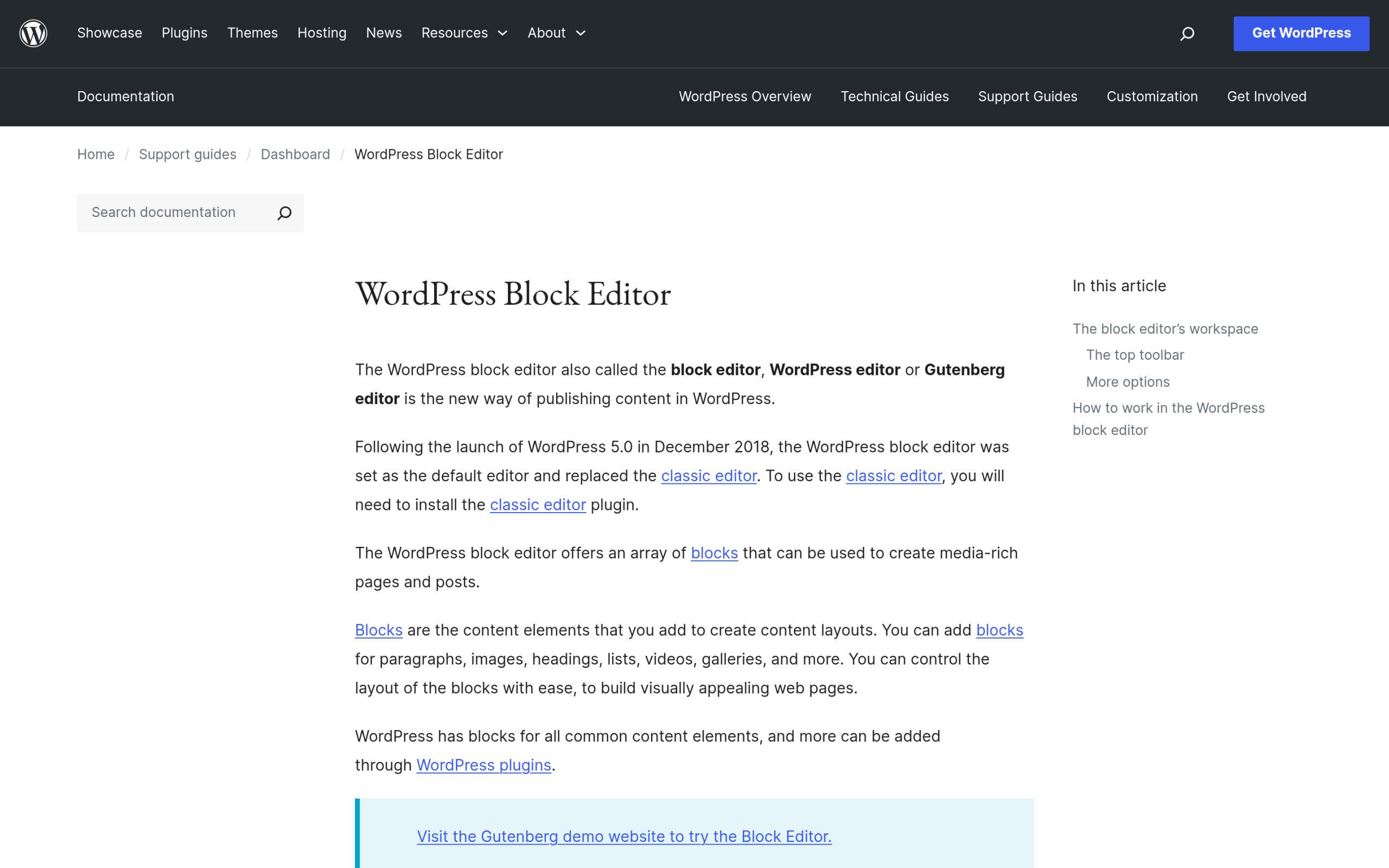 WordPress block editor documentation showing the Options and Tools menu for copying all content on a page