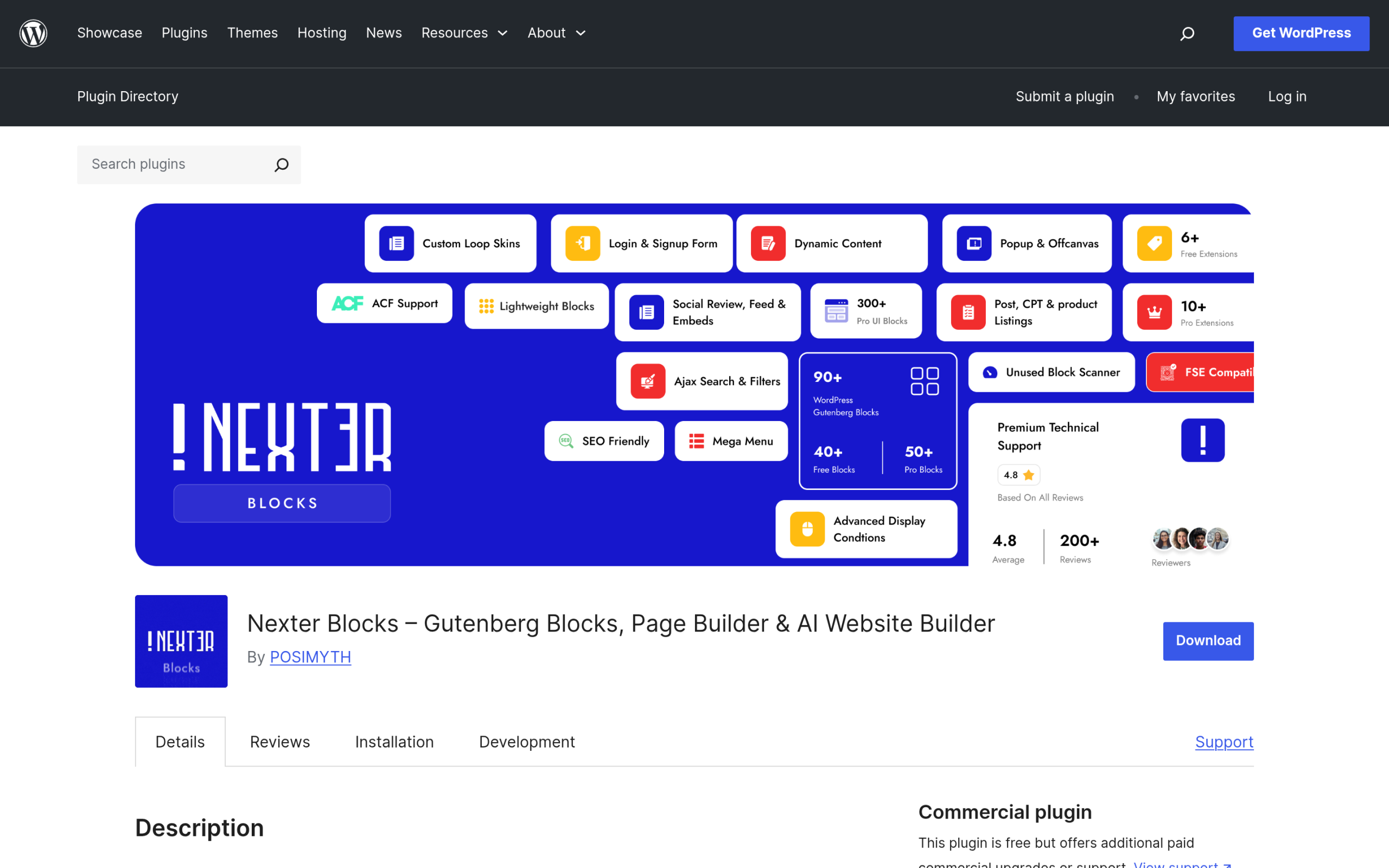 Nexter Blocks free Gutenberg blocks plugin listing on WordPress.org