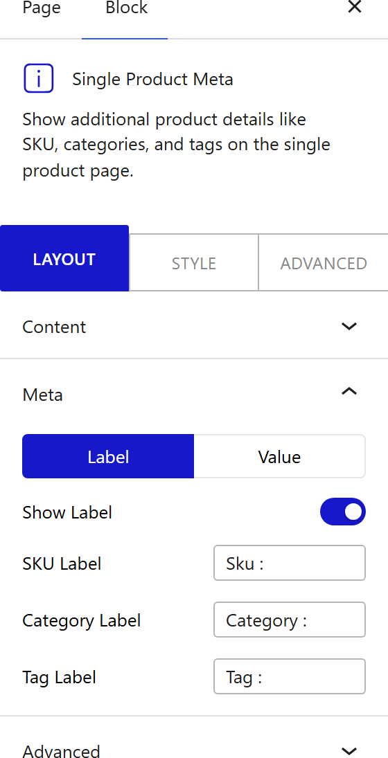 How to Use the Single Product Meta Block - settings