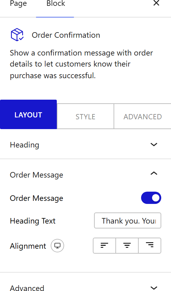 How to Use the Order Confirmation Block - settings