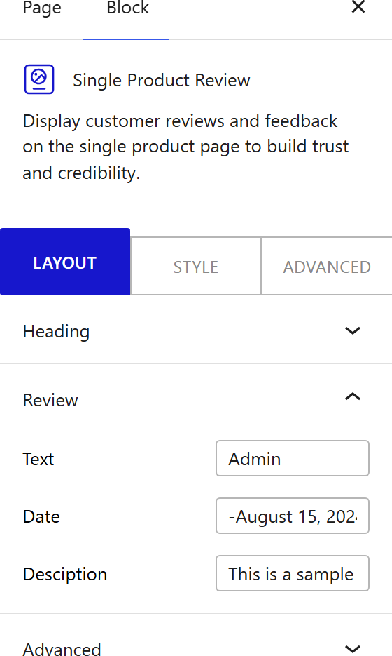 How to Use the Single Product Review Block - settings